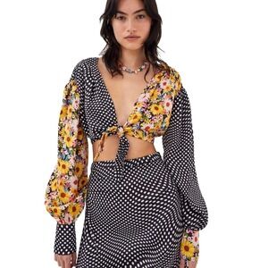 For Love And Lemons Anya Tie Front Floral Coquette Puff Sleeve Crop Top XS